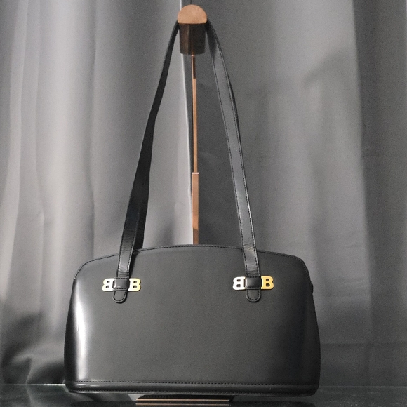 Bally Handbags - Vintage Bally Black Leather Shoulder Bag  Gold BB Logo |Authentic w/ COA